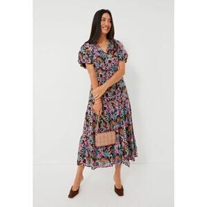 Banjanan Poppy Floral Print Organic Cotton Midi Dress Black Beauty Purple EUC